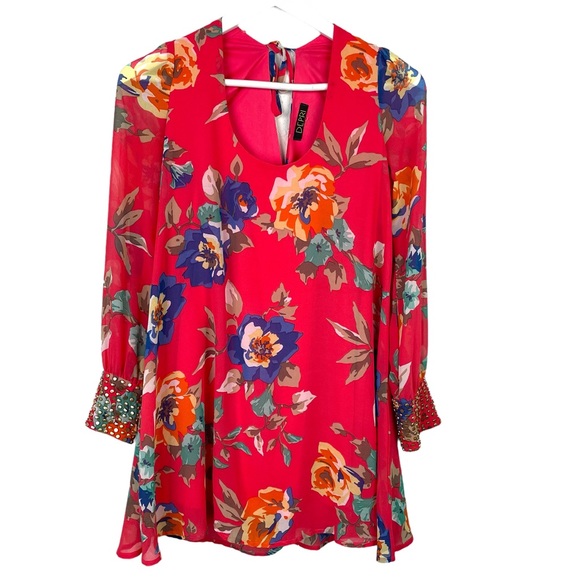 DEPRI Womens Red Floral Blouse Long Studded Cuff Sleeves Keyhole Tie Back - Picture 1 of 12